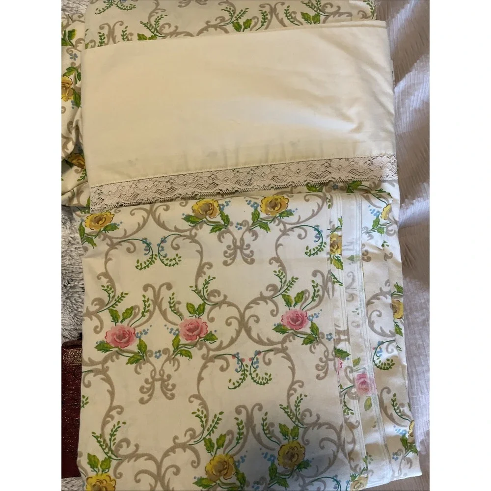 Vtg Cannon Royal Family FULL Sheet Set 70s Rose Watercolor‎ Floral Pink Lace